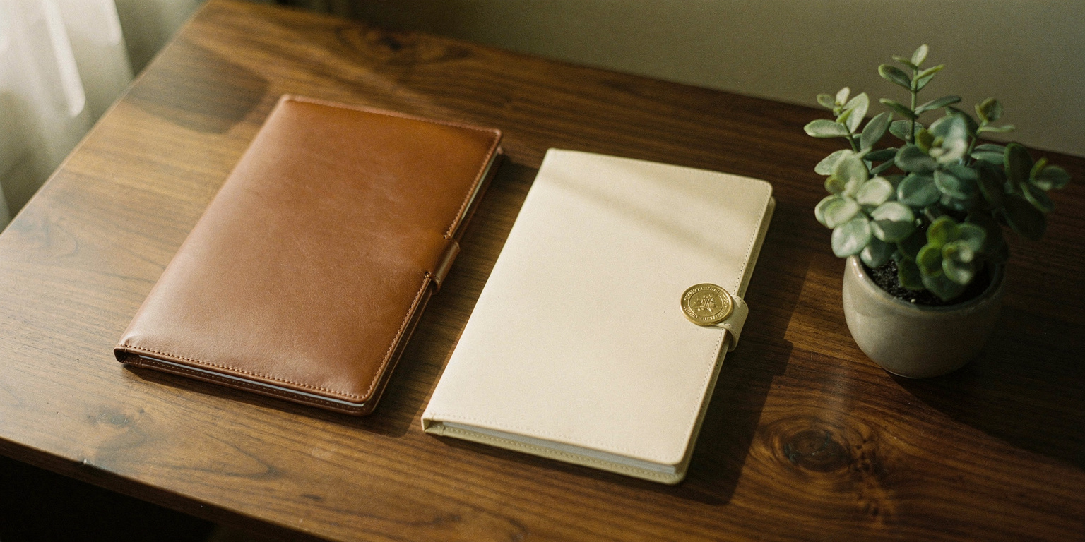 Two leather folios with a brass seal on a walnut desk, representing Carriera's recruitment and training practice areas