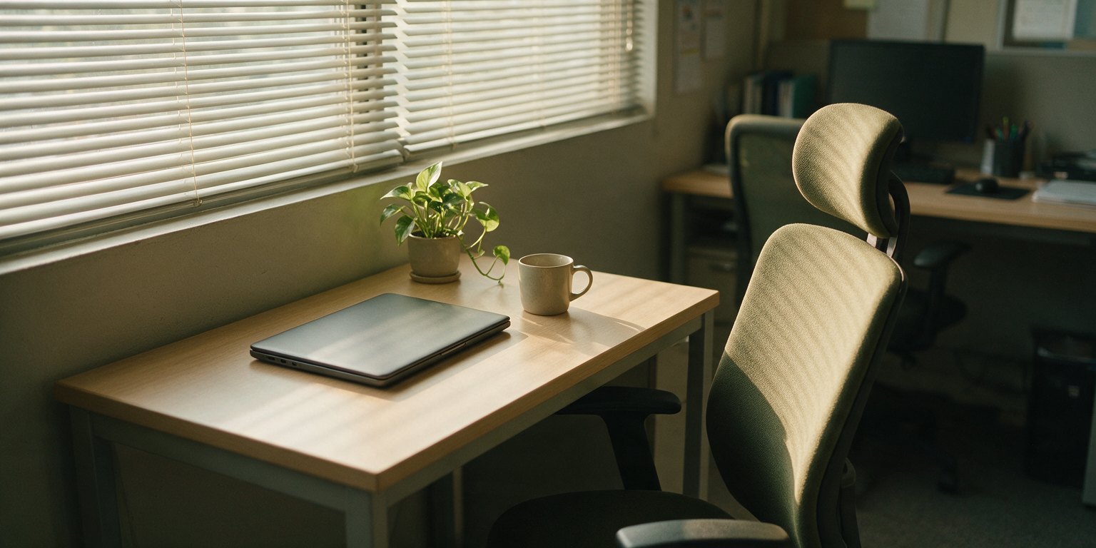 An empty desk chair pushed back from a tidy workstation in a small Malaysian office, morning light through half-open blinds, a closed laptop, a plain mug and a small potted plant on the desk.