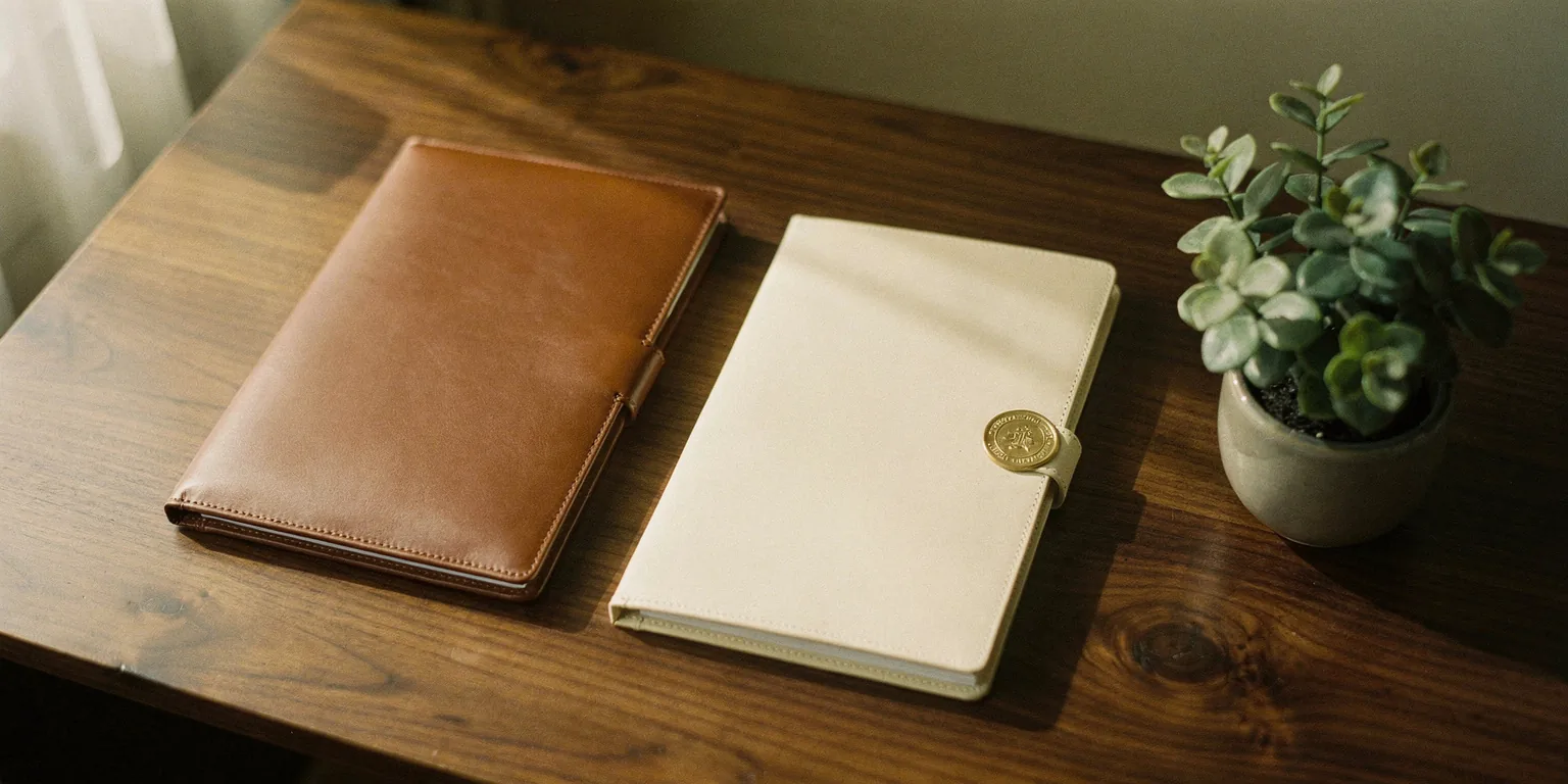 Two leather folios with a brass seal on a walnut desk, representing Carriera's recruitment and training practice areas