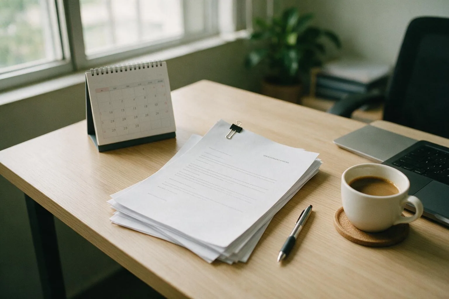 A tidy HR desk in a small Malaysian office: a clipped stack of printed employment contracts beside a desk calendar, a ballpoint pen, a cup of coffee and a half-closed laptop in window light.