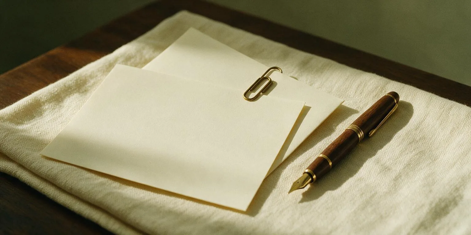 Two blank sheets clipped together with a brass paperclip beside a fountain pen on linen, ready for an HRD Corp claim appeal letter