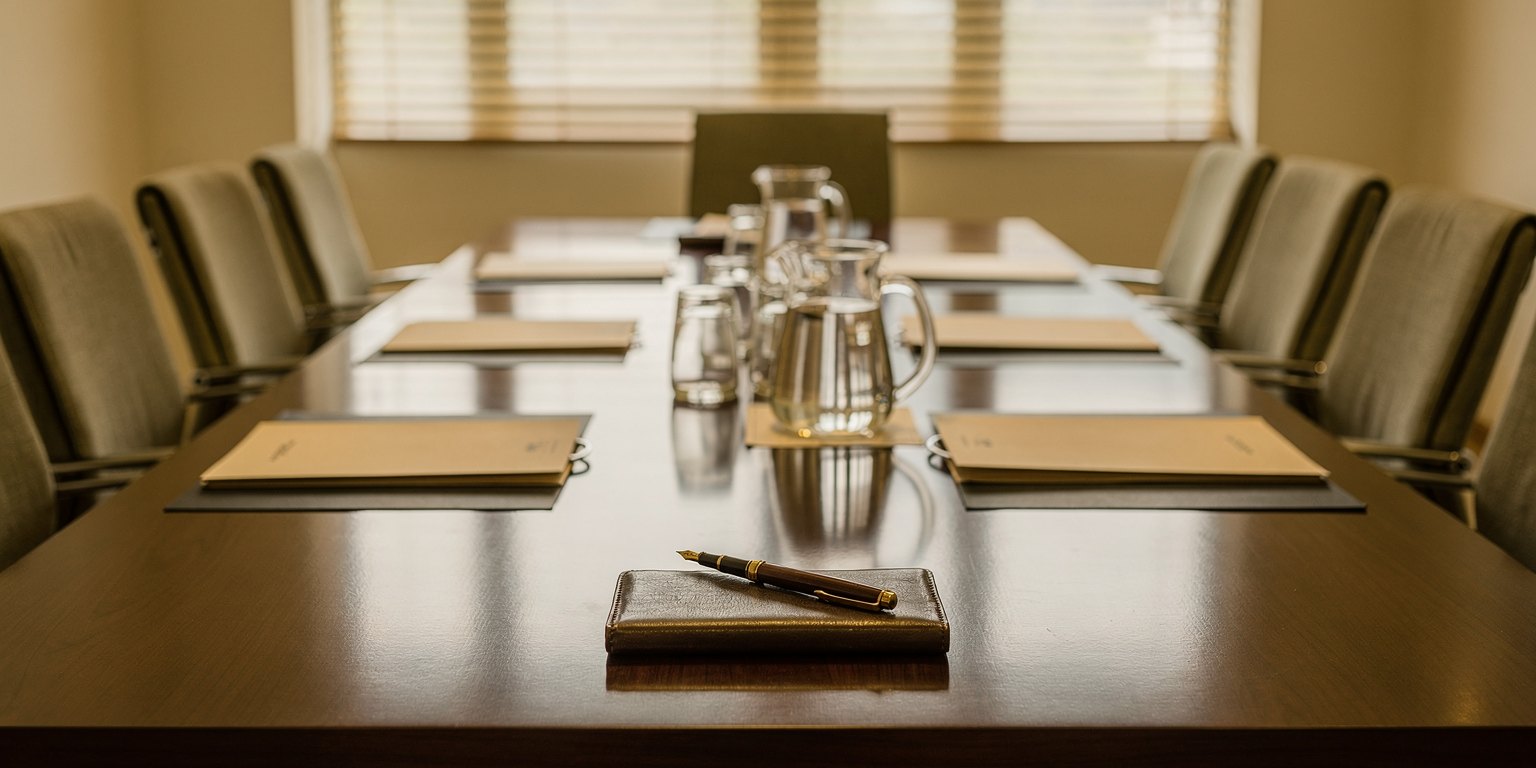 An empty, formal hearing room in a Malaysian office set up for a disciplinary panel: a long polished table with document folders, a notepad and pen, water and glasses, and chairs arranged on either side.