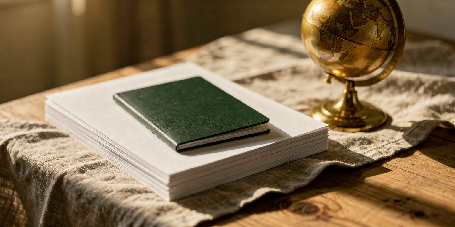 A closed passport, a stack of blank paper and a small brass desk globe on a sunlit wooden desk, symbolising Malaysia's Employment Pass process for hiring foreign talent
