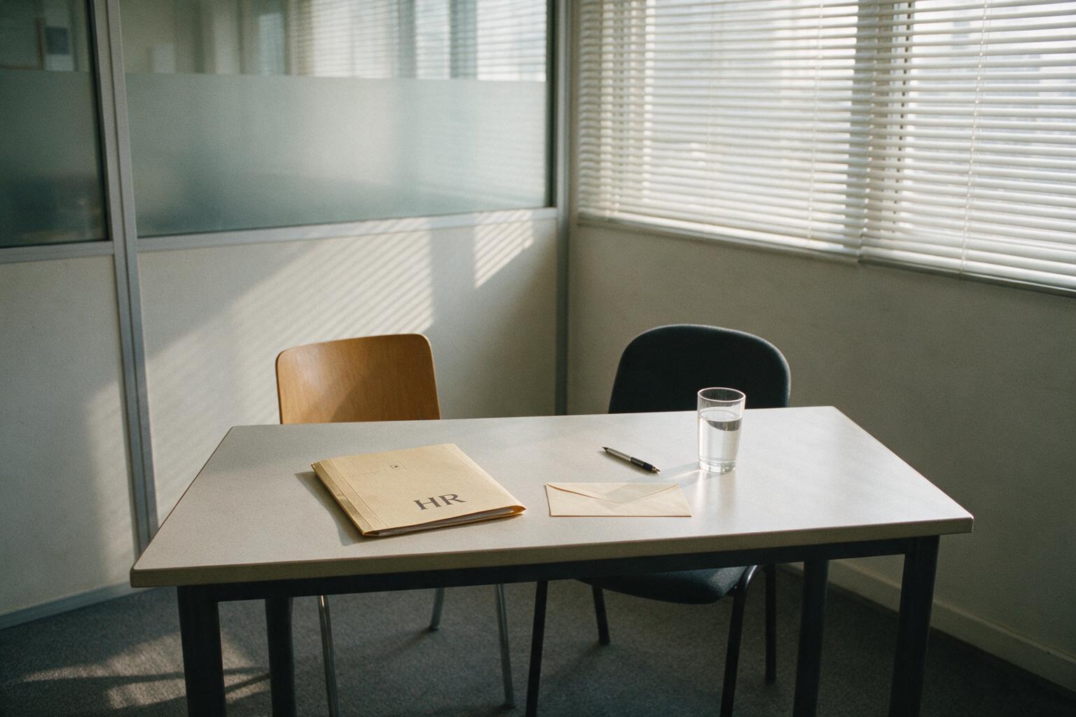 An empty office meeting room with a small table, two chairs set apart, a closed folder marked HR, a blank envelope, a pen and a glass of water, with afternoon light through venetian blinds.
