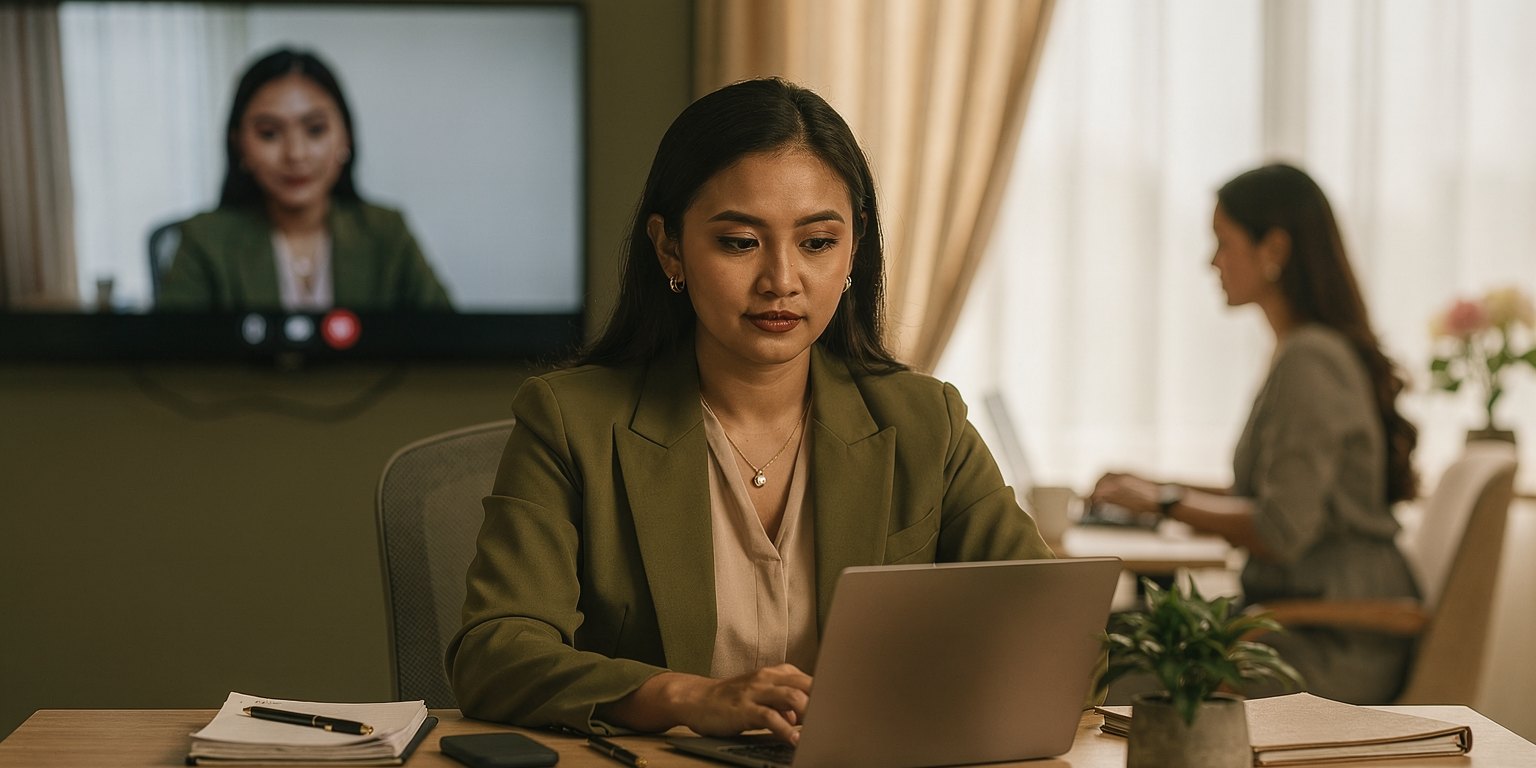 A Malaysian professional working at a desk while a colleague joins by video call and another works from home, illustrating a flexible working arrangement