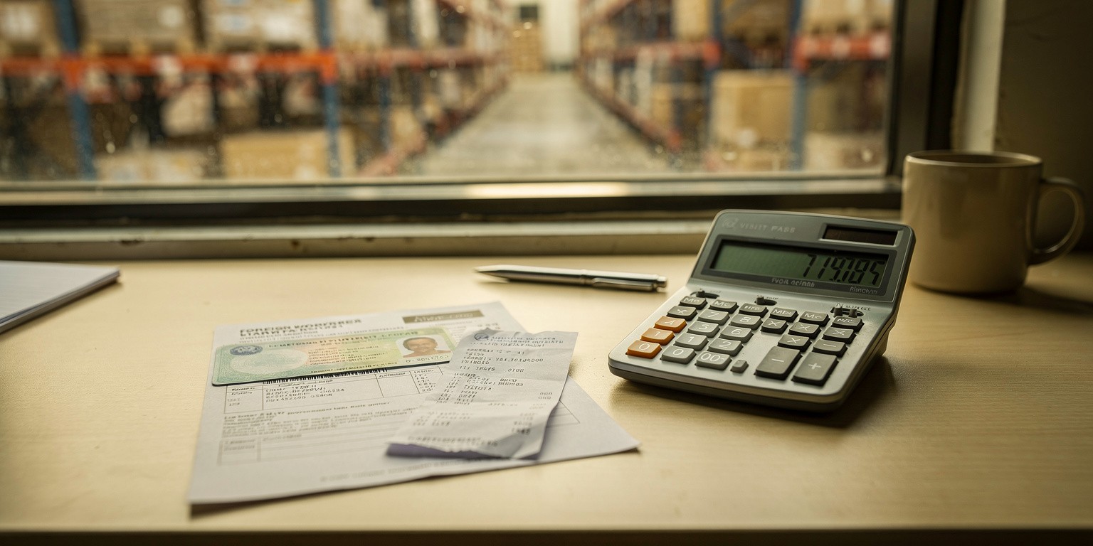 A Malaysian employer's desk with a foreign worker Visit Pass document, a calculator, and levy payment paperwork, with a warehouse visible through the window