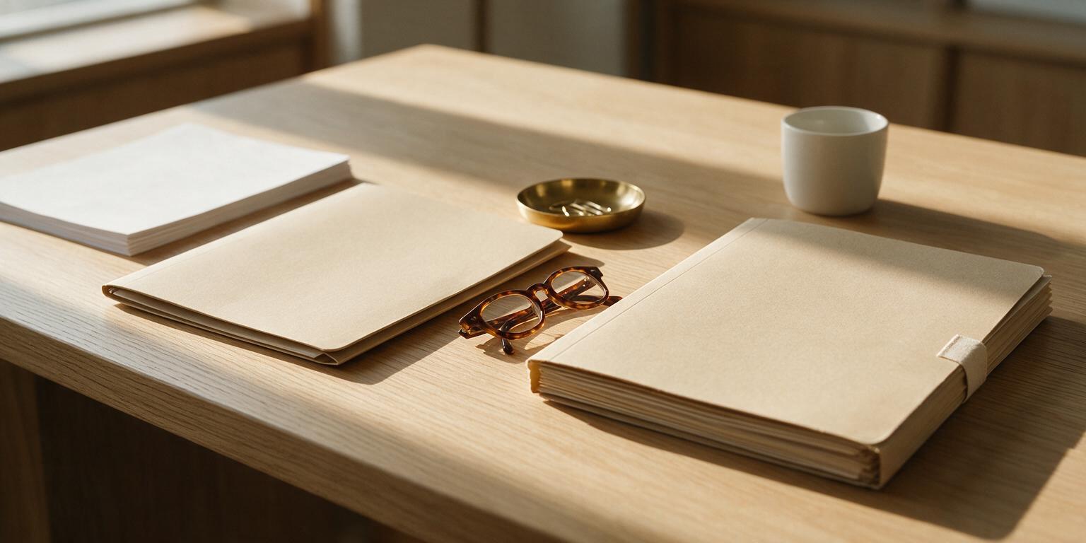 Two manila document folders lying apart on a sunlit pale-oak desk, separated by a strip of bare wood, one slim and one thicker and tape-bound, beside a brass paperclip dish, folded tortoiseshell reading glasses, a stack of blank paper and a white ceramic cup — illustrating Malaysia’s two foreign-hire routes, the Employment Pass and the PLKS.