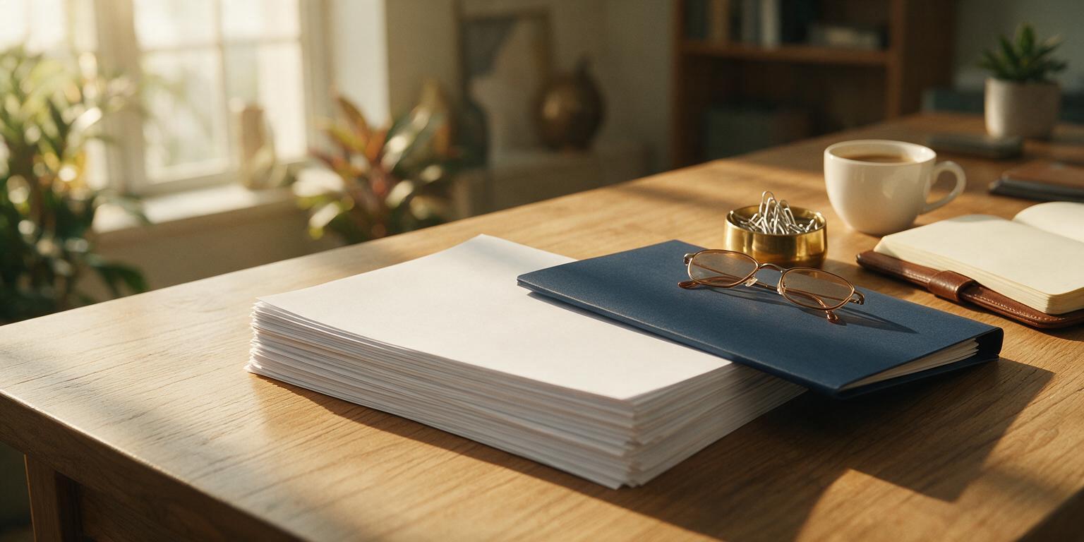 A thick stack of blank white documents and a closed navy folder on a sunlit wooden desk, beside reading glasses, a brass paperclip holder, a coffee cup and an open notebook.