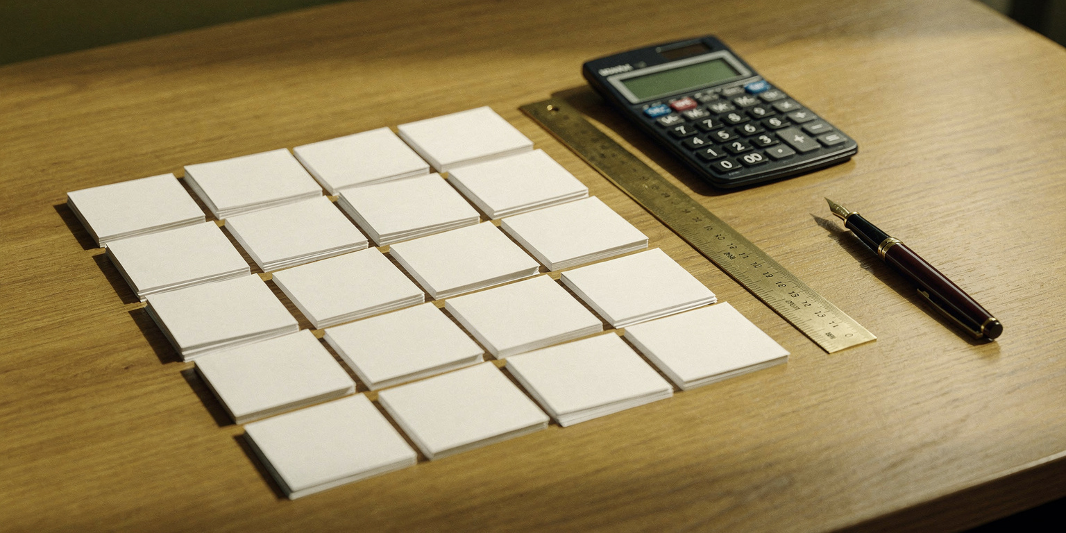 A neat grid of blank white index cards fanned in rows on a wooden desk beside a calculator, a brass ruler and a fountain pen, evoking a cost matrix of claim ceilings.