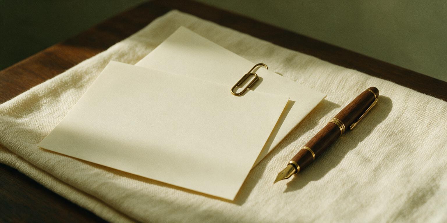 Two blank sheets clipped together with a brass paperclip beside a fountain pen on linen, ready for an HRD Corp claim appeal letter