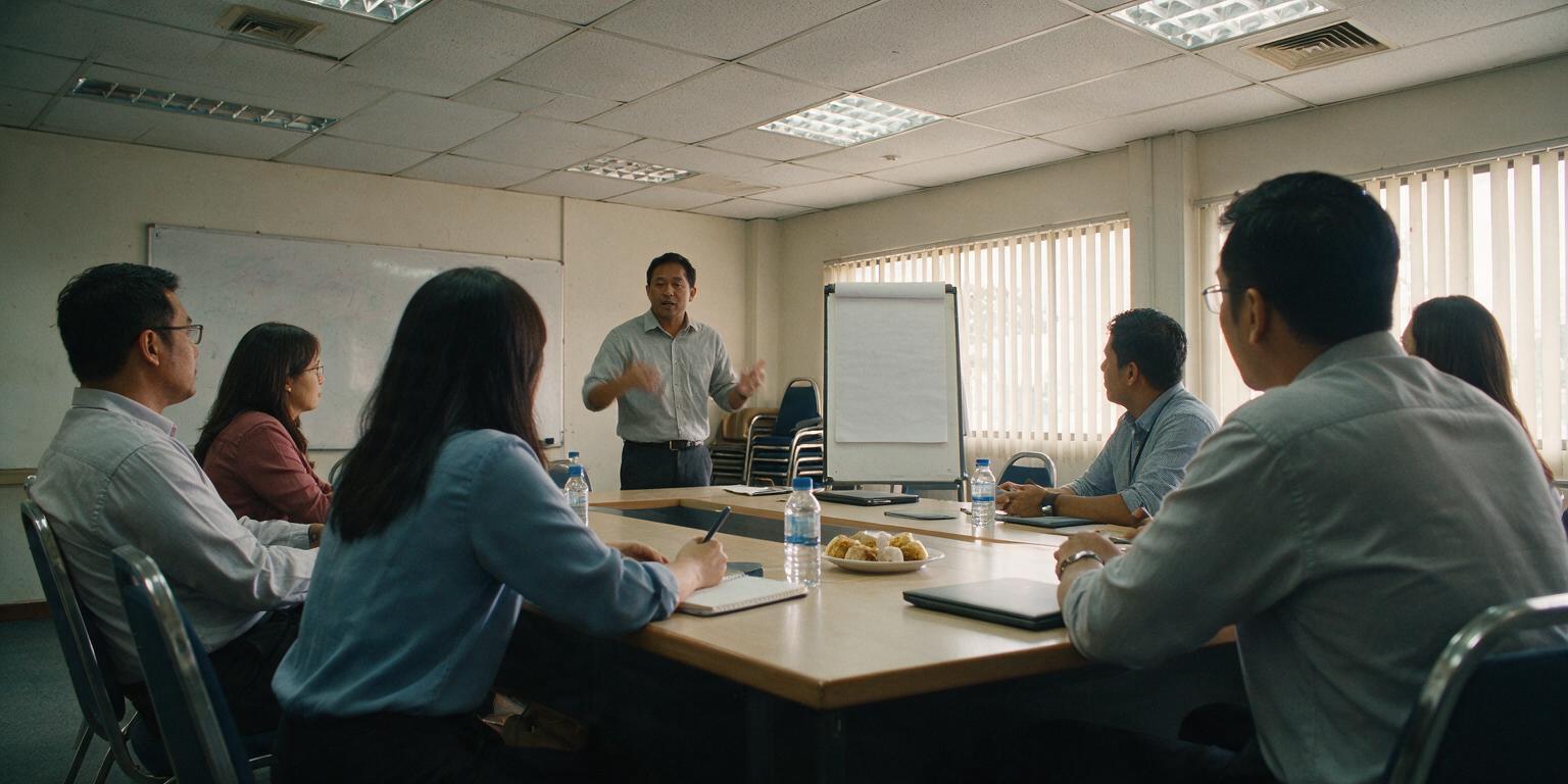 Office staff seated around a meeting-room table during an in-house training session, a trainer standing at a blank flip chart