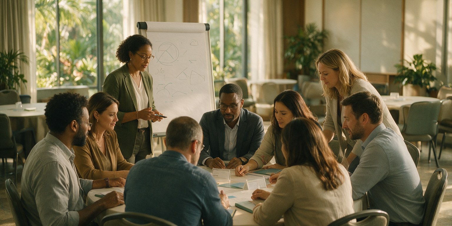 Facilitator leading a structured team-building training workshop for office professionals around a table