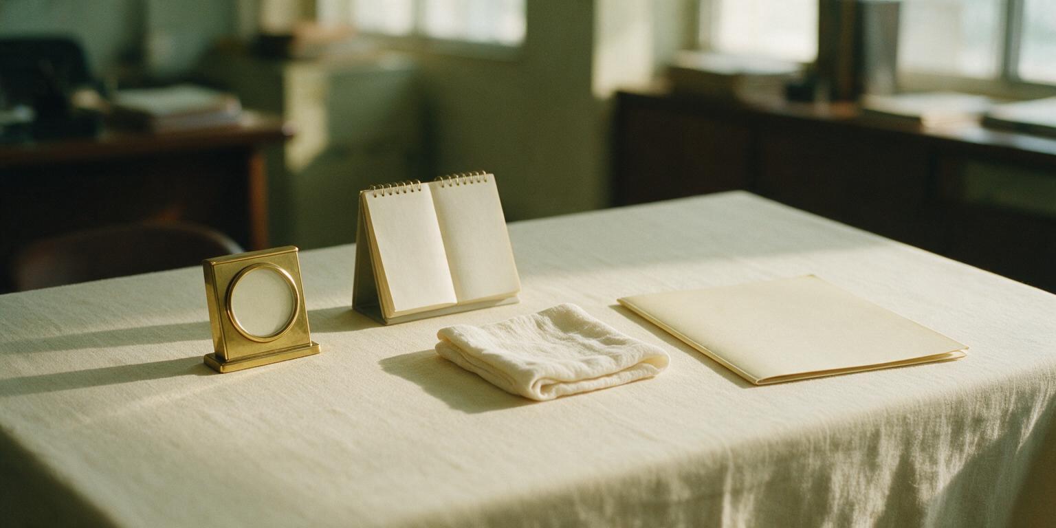 A quiet office desk in morning light: a small brass desk clock, an open desk calendar with blank pages, a folded pale muslin cloth and a closed plain folder on cream linen.