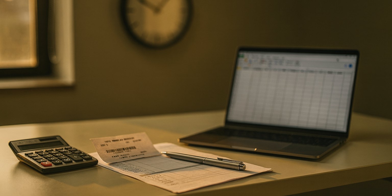 A desk after normal working hours in a Malaysian office: an analog wall clock reading just past six, a calculator, a printed timesheet and payslip with a pen, and a laptop showing a payroll spreadsheet.
