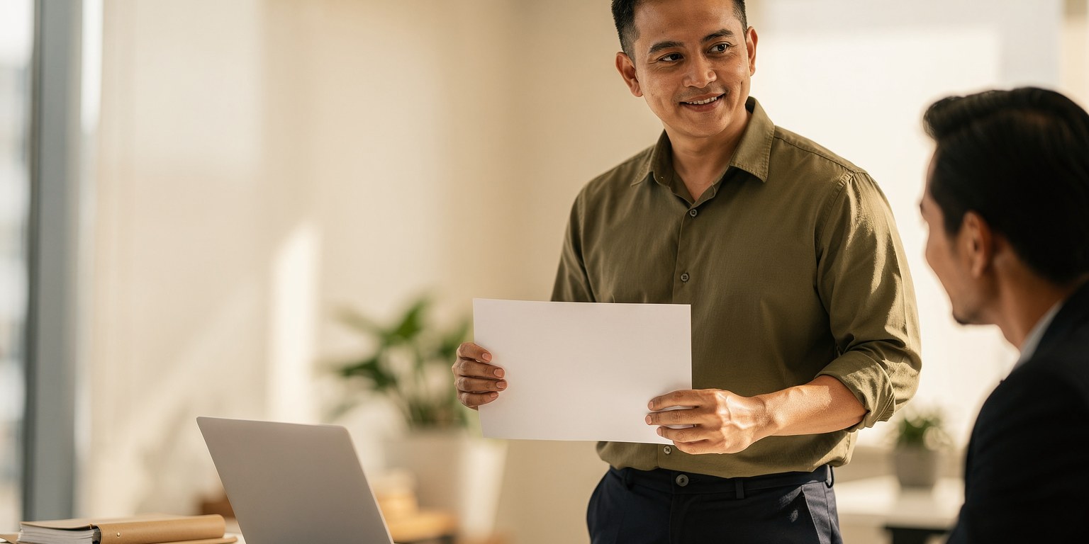 A Malaysian office manager holding a blank sheet of paper while discussing a wage increase with a colleague, symbolising a raise under Malaysia's Progressive Wage Policy