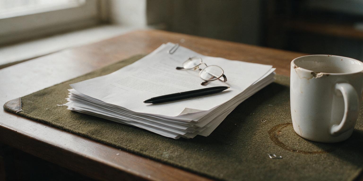 A loose stack of stapled documents with a paperclip, a black ballpoint pen and folded reading glasses resting on an olive felt desk mat on a wooden desk, a chipped white mug of tea beside it in soft window light.
