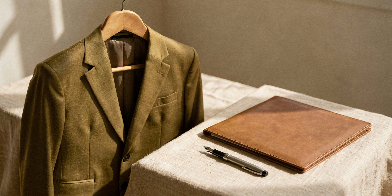 A tailored olive blazer on a hanger beside a leather portfolio and fountain pen, evoking boutique professional recruitment
