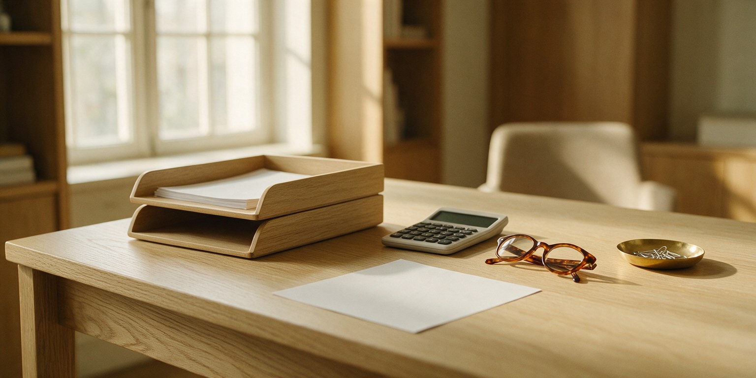 Two stacked pale-oak document trays on a sunlit wooden desk, the upper tray holding a small stack of white paper and the lower tray empty, beside a calculator, tortoiseshell reading glasses, a brass paperclip dish and one blank white sheet.