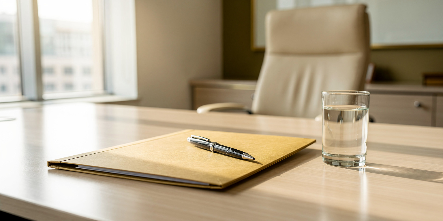 A calm, orderly Malaysian human-resources office with a closed document folder and pen on a desk by a window, representing an employer handling a workplace complaint confidentially and fairly
