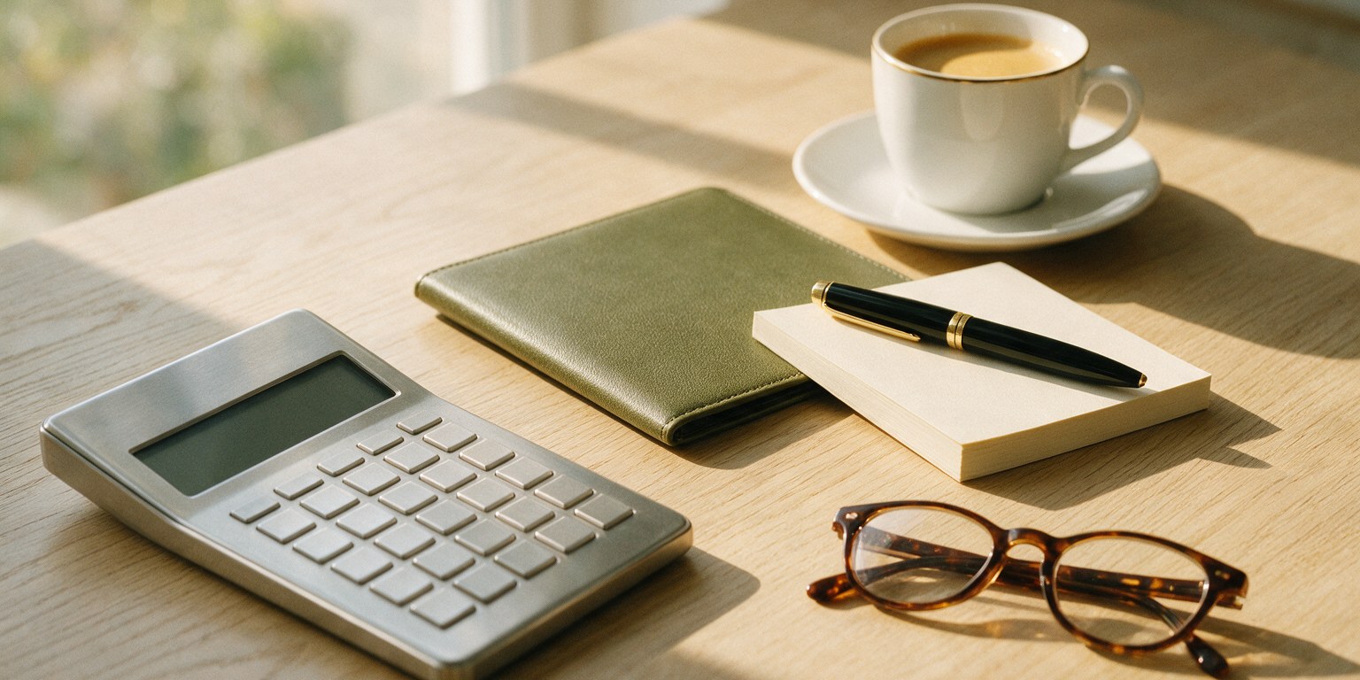 A brushed-steel desk calculator, a closed olive-green document folder, a pen on a blank notepad, a white coffee cup and reading glasses on a sunlit oak desk — budgeting service tax on a Malaysian recruitment agency invoice.