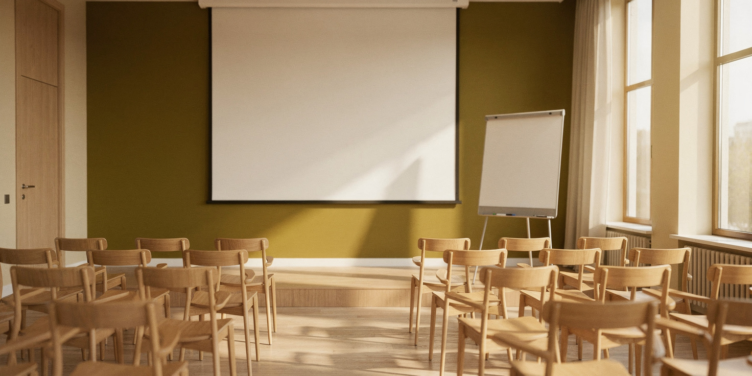 A bright modern seminar room with rows of chairs facing a screen, set for HRD Corp-claimable corporate training